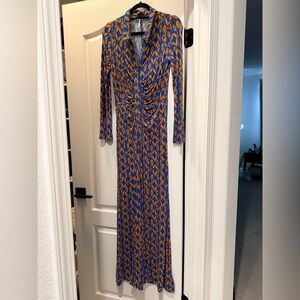 Free People Vibrant Blue and Orange Long Sleeve 70s Inspired Jumpsuit